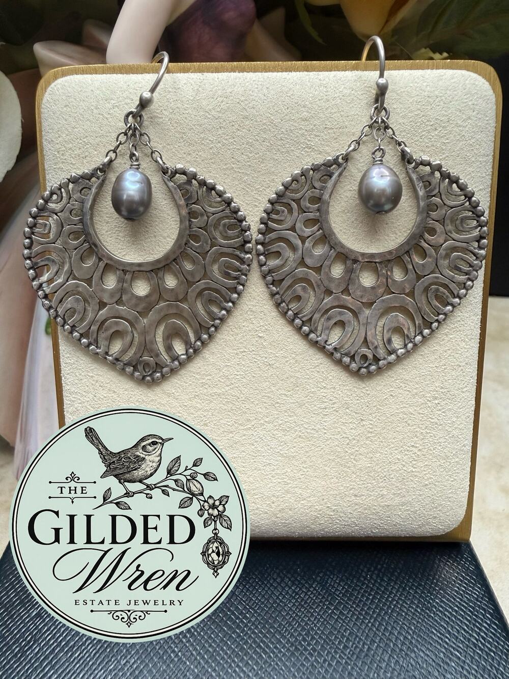 Silpada W1813 Sterling Silver Gray Pearl Filigree Earrings Retired 925